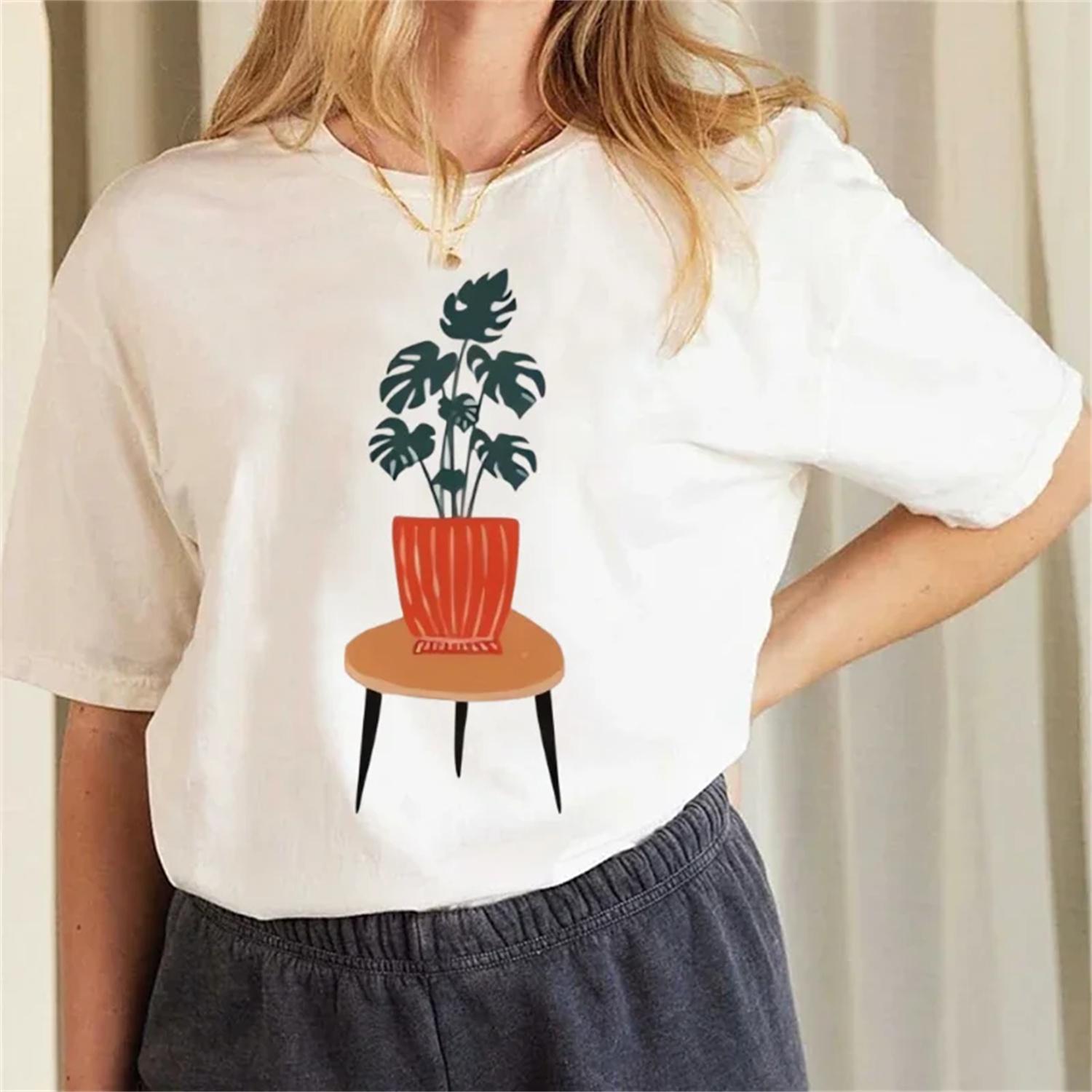 New Women s Regular Fashion Cute Pattern Plant T-Shirt Summer Aesthetics Cartoon Printed Casual Style 90s Basic Women s Top S