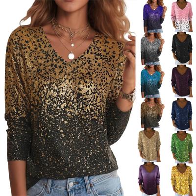 Pull Pull-over Décontracté Quotidien pour Femme à Manches Longues et Col en V en Fausse Maille avec Paillettes