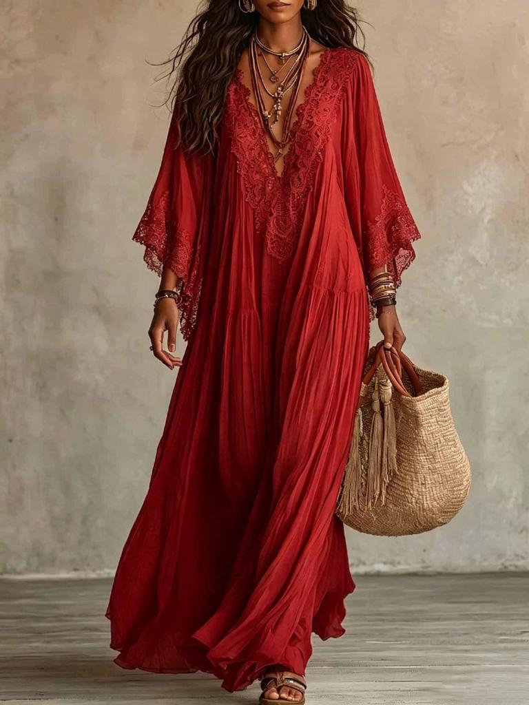 Bohemian Lace Patchwork Chiffon Dress - Western Style Hot Item