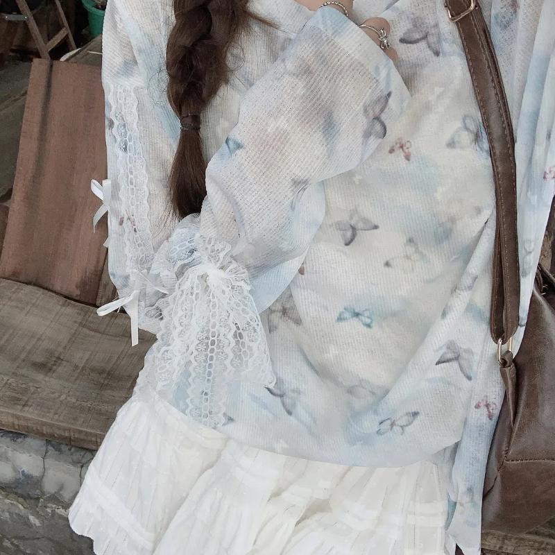 Butterfly Printing Long Sleeve T-shirt Summer New Pattern Thin Style Chic Loose Crew Neck Sunscreen Tops Women's Clothin