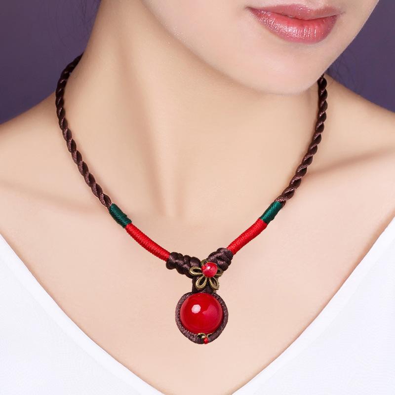 GEMCHIC Women s Vintage Ethnic Red Bean Glass Pendant Necklace Braided Rope Choker Collarbone Chain with Matching Earrings and Bracelet Set