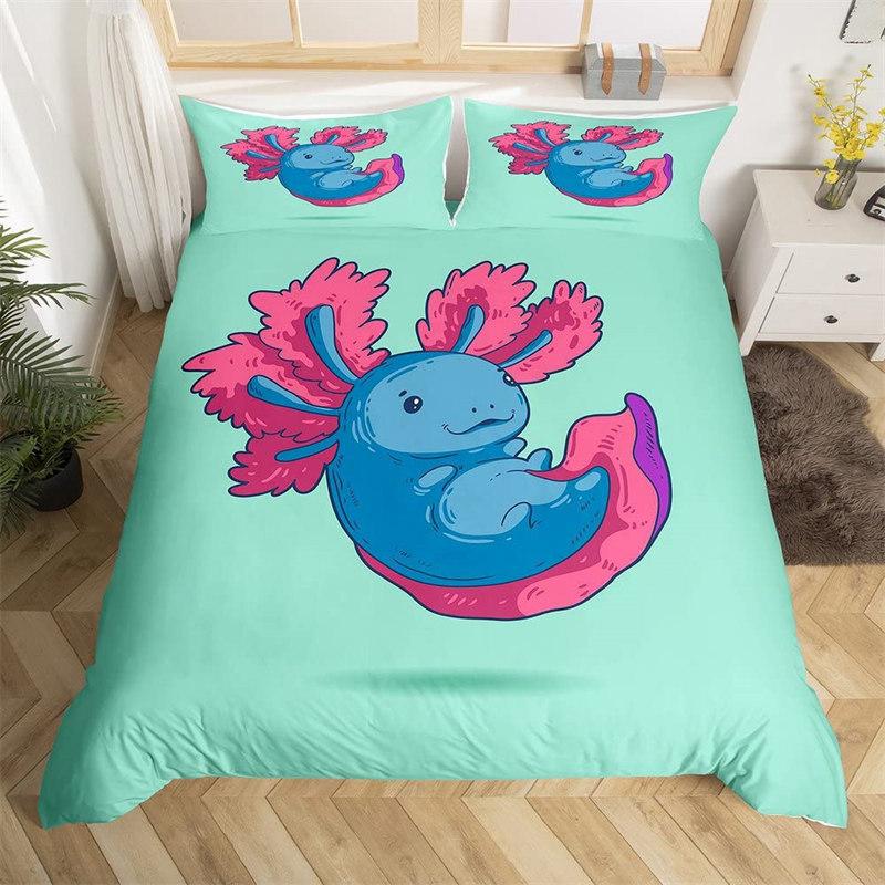 Kawaii Axolotl Duvet Cover Twin Size Underwater World Cartoon Bedding Set For Kids Boys Girls