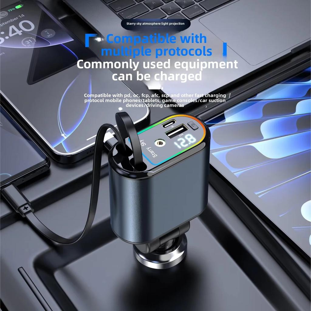 Retractable Car Charger 120W Starry Sky Top Projection Light Four-In-One Type-C+Lightning Dual Wires Usb+Pd Expansion Socket
