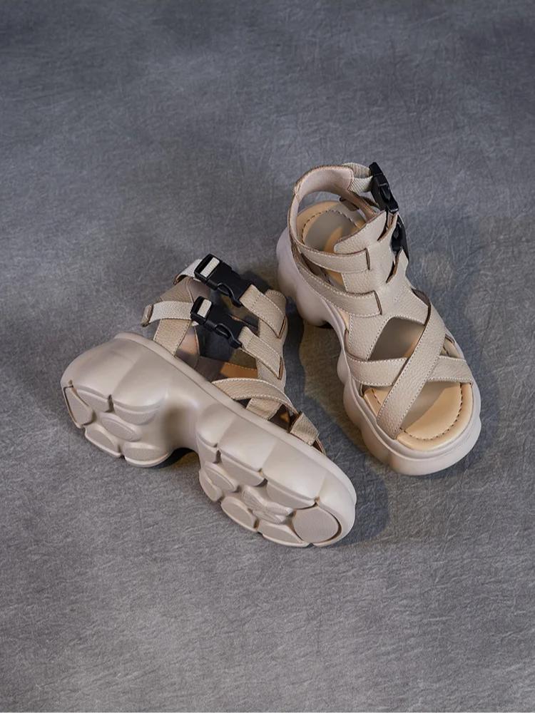 Johnature Natūralios odos sandalai storais padais, aukštinantys, storakulniai, romaniško stiliaus platforminiai moteriški batai