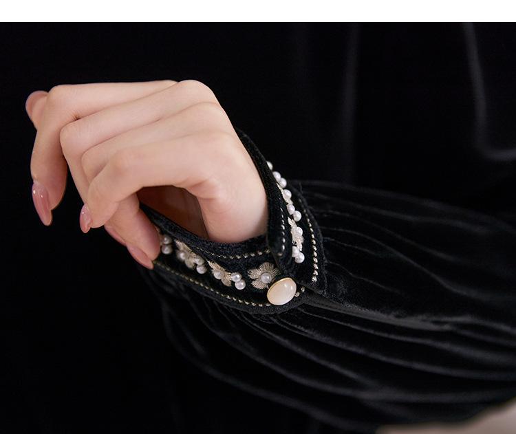 Festive Velvet Silk Dress: Round Neck, Solid Color, Mid-Length Skirt for Women 1983