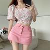 Summer Square Neck Bubble Sleeve Pink Flower Blouse Pullover Short Top Women