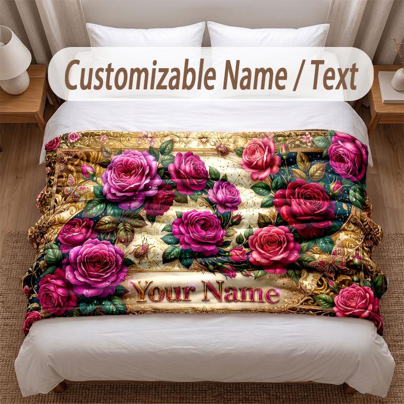 Floral Garden Theme Soft Blanket Personalized Custom Name Text Print Warm Blanket Home Sofa Bedroom Decor