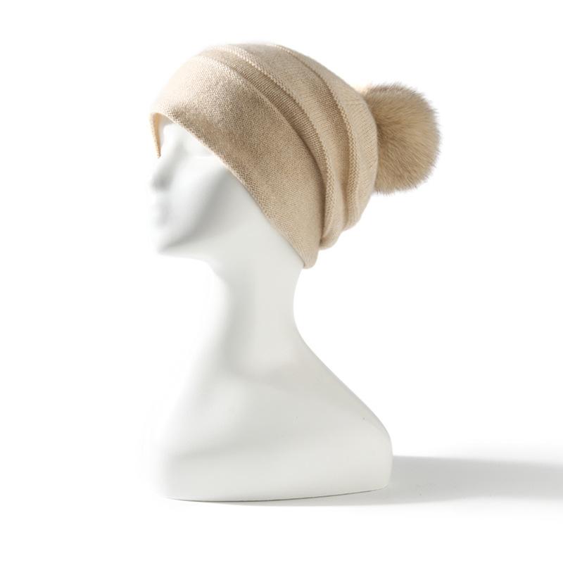Cashmere Autumn and Winter New Women's High End Solid Color Horizontal Stripe Fur Ball Warm Fashion Knitted Casual Hat