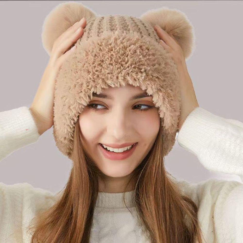 Bear Ear Design Beanie Hat Solid Color Ski Cap Cute Knitted Hat