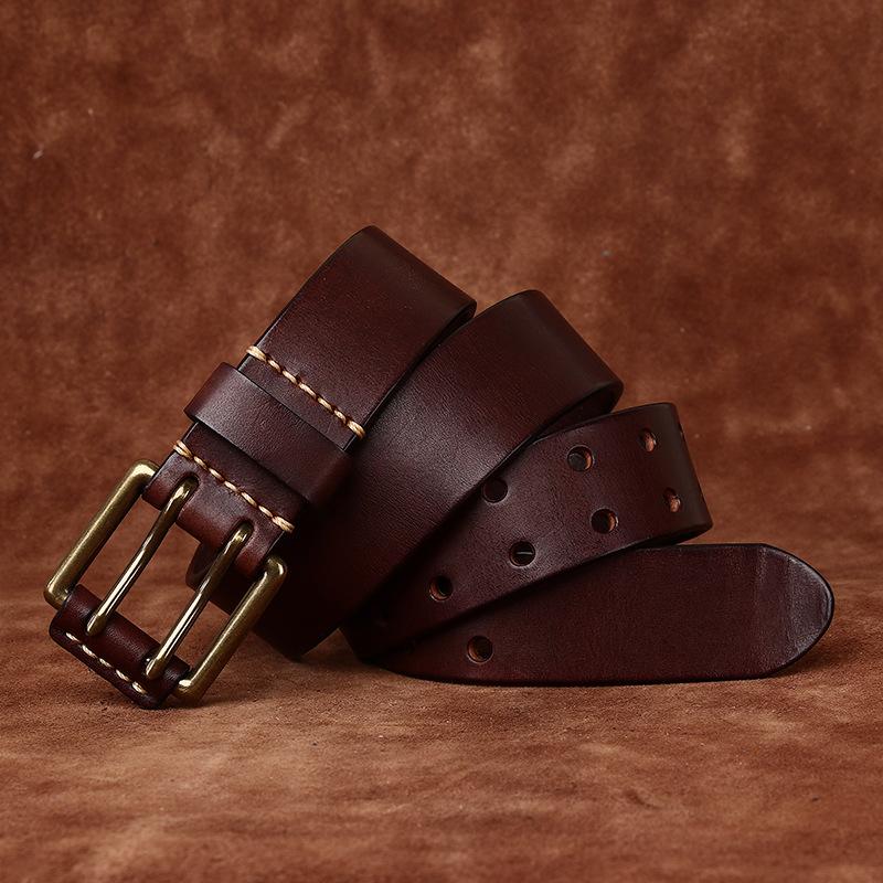 Factory Direct Sales Men's Genuine Leather Belt Double Needle Buckle Head Layer Cowhide Retro Youth Copper Buckle Belt