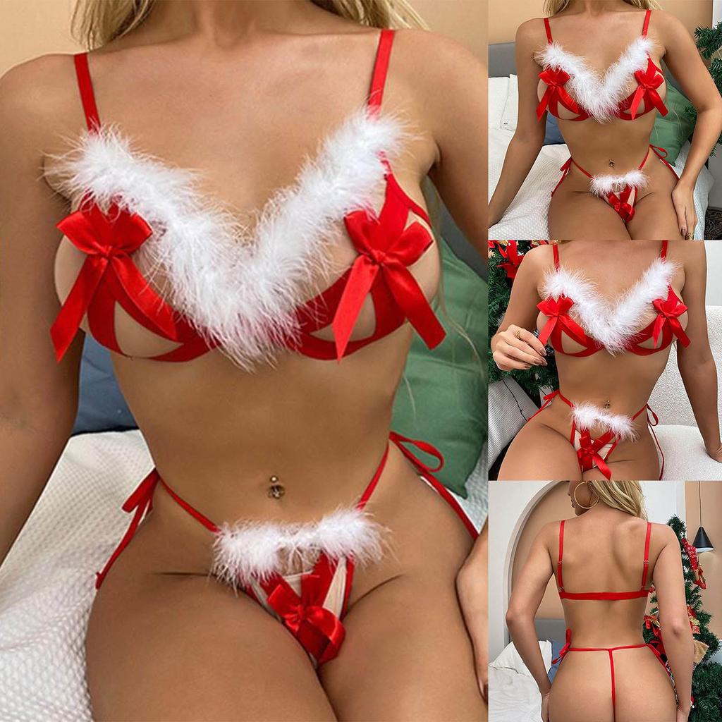 Women's Sexy Lingerie Christmas Dress Lace Plush Sexy Two Piece Set