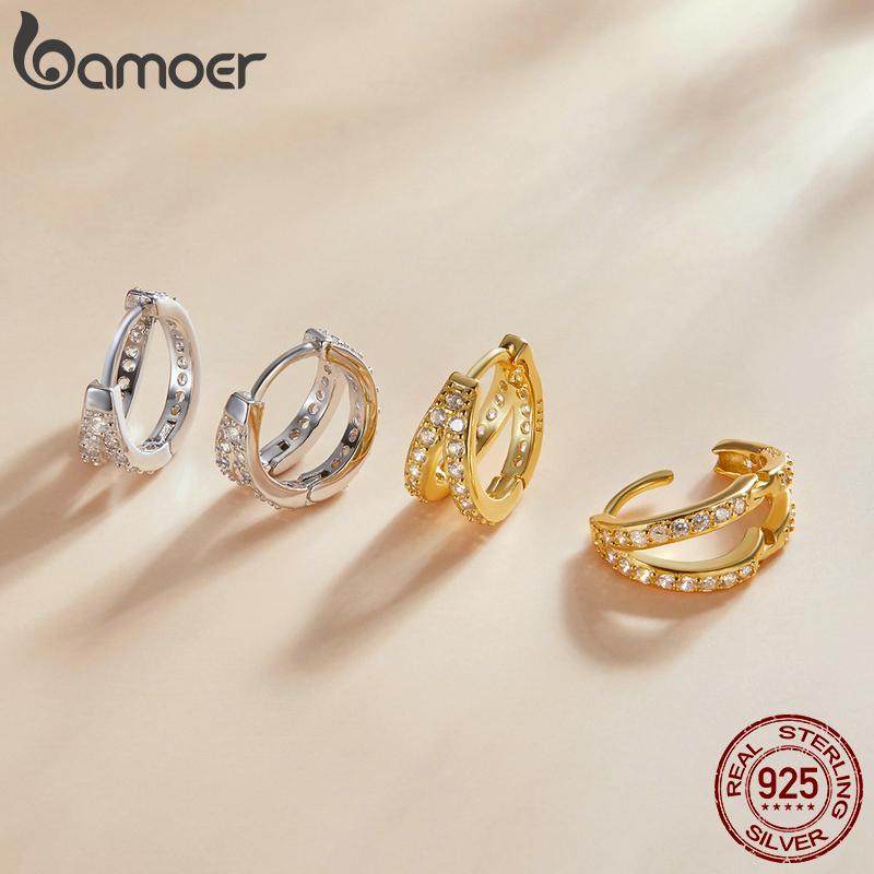 Bamoer Zircon Earrings 925 Silver Unique Double-layered Design Hoop Earrings Women Fine Jewelry