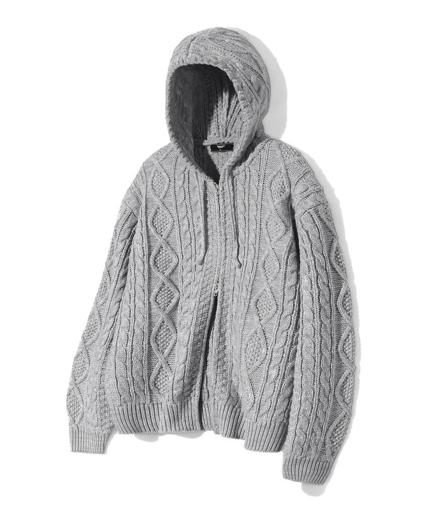 TRILLION Washable Aran Cable Hooded Zip-Up Knit (Melange Gray)