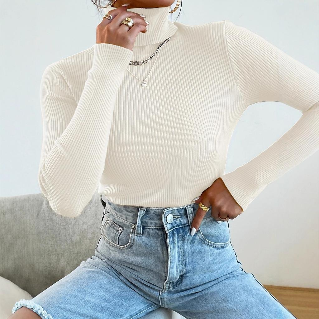 New Women's Solid Turtleneck Sweater, Long Sleeve Pullover Knit Top Casual Basic Base Layer for Women, European American Fashion