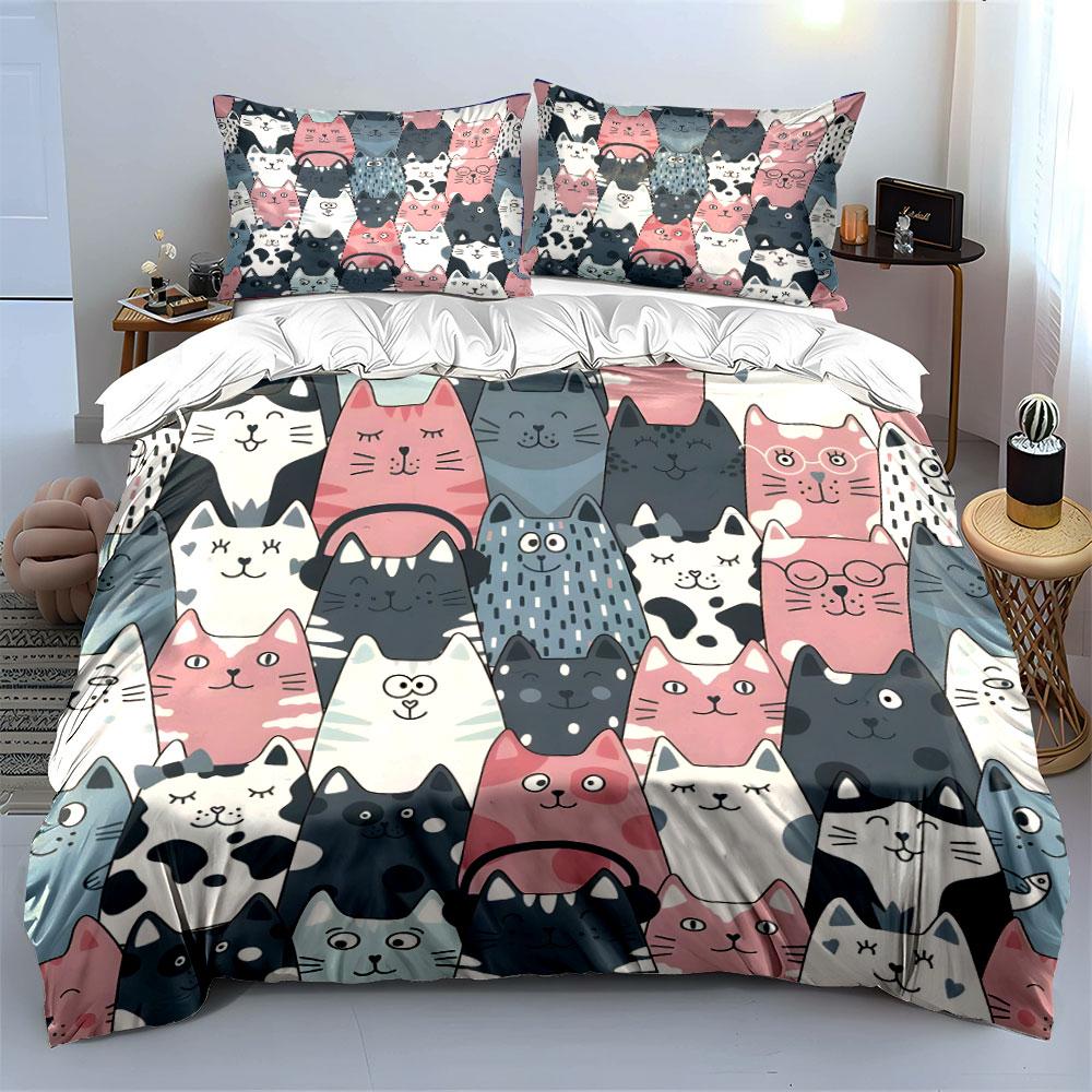 Cute Cartoon Cat Pattern Design Bedding Duvet Cover Set (1*Duvet Cover 2*Pillowcases, without duvet insert)