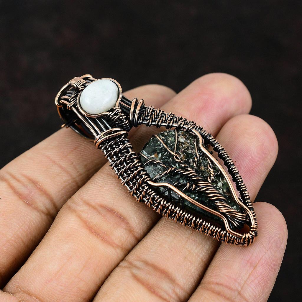 Lebensbaum Seraphinit Kupfer Anhänger Kupferdraht gewickelter Anhänger Edelsteinschmuck Regenbogenmondstein Anhänger Handgefertigter Schmuck Geschenk für Sie