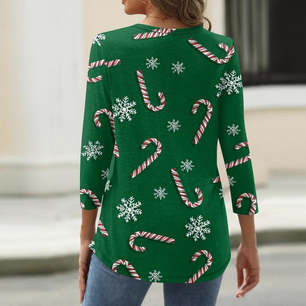 Women's Fashionable Casual Christmas Printed V-neck Three-quarter Sleeve Decorated Button Top
