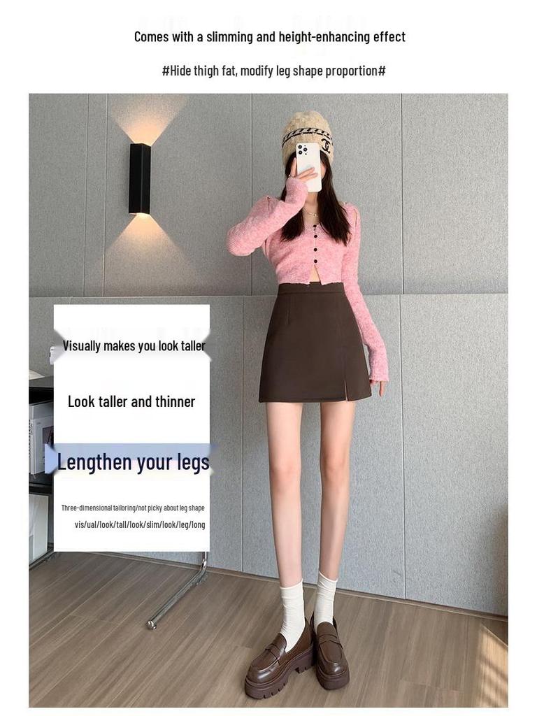 Petite High Waist Zipper Slit A-line Mini Skirt – Spring & Autumn Slimming Hip-Hugging Style.
