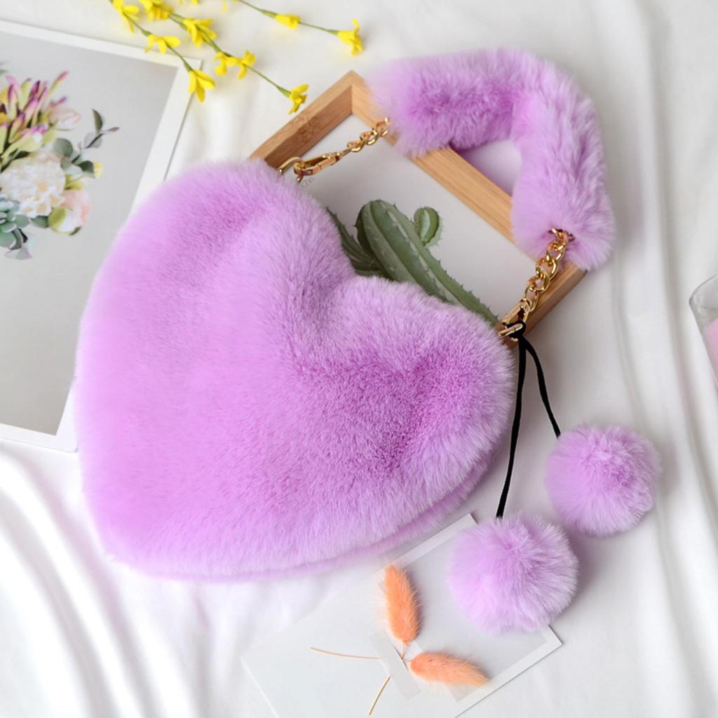 Women's Heart Shaped Faux Fur Wallet Purse Chain Shoulder Bag Winter Tote Purse Messenger Satchel