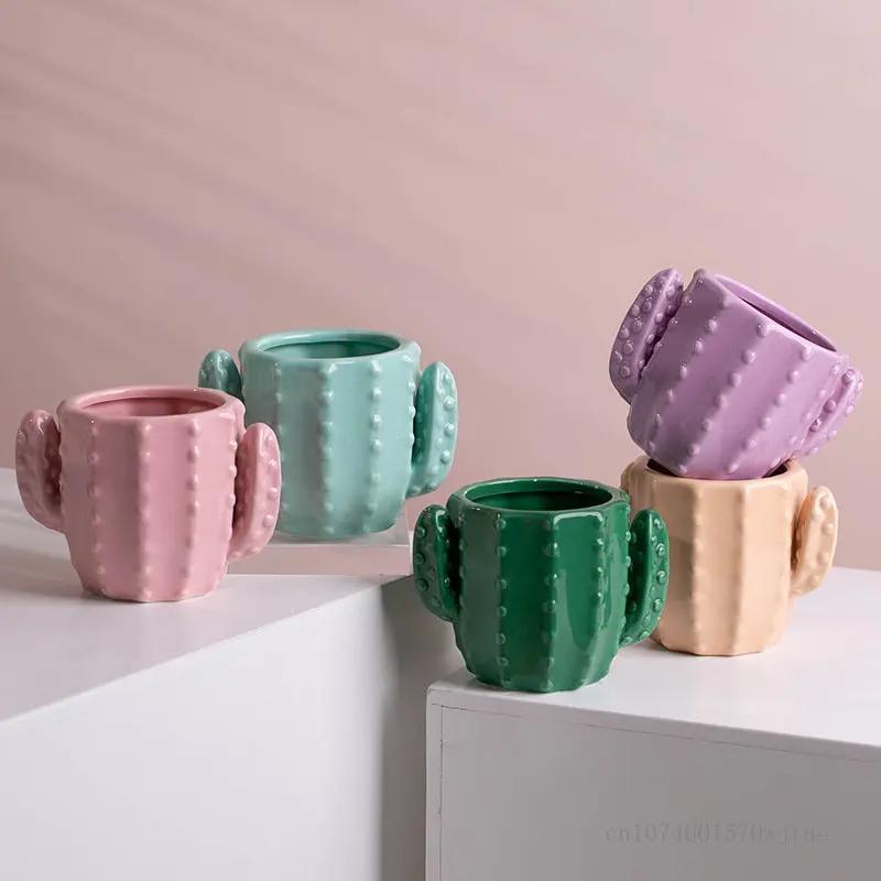 Nordic Style Ceramic Flowerpot, Cartoon Cactus Shaped, Home Decoration, Living Room, Office, Balcony, Decorative Ornaments, 1pc