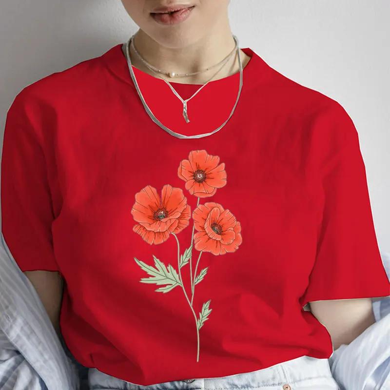 Fashion Red Poppy Flower Unisex T Shirt Funny Tops Tee Female Short Sleeve Tshirt Harajuku Tee Shirts Female Tee Girls Tshirts