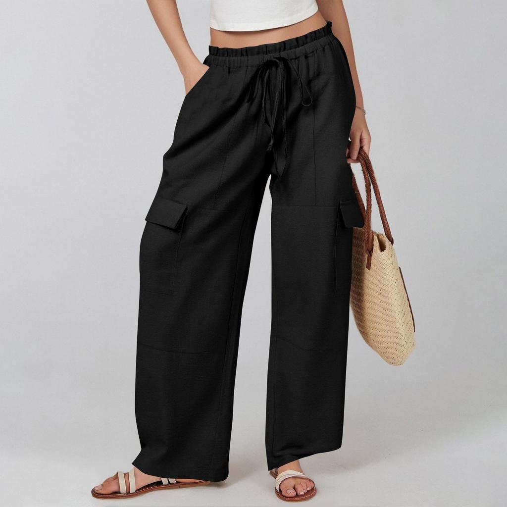Women's Cotton And Linen Summer Stitching Casual Drawstring High Waist Pocket Workwear Trousers