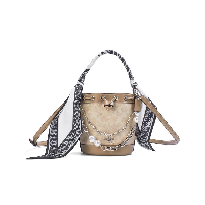 

COACH handbag [Customized bag] Dempsey reen damask flowers amber ribbon decoration printing fashionable and versatile simple Yali silver beads срібний