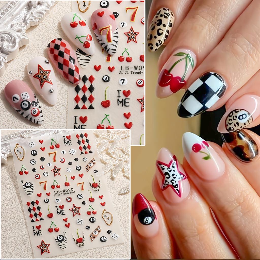 2026 Trendy Nail Art Stickers Zebra Leopard Star Plaid Cherry Heart Cartoon Self Adhesive Decals DIY Manicure Nail Decorations