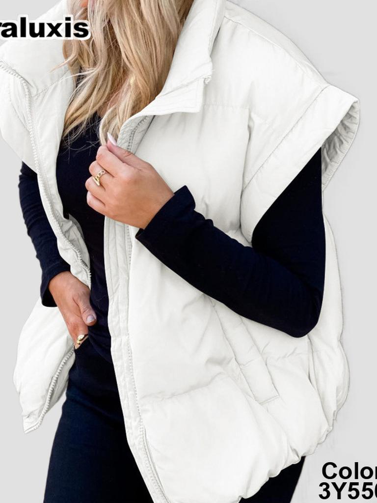 New Women's Solid Zipper Pockets Cotton Jacket Vest Slim Fit Stylish Personality Commute Coat