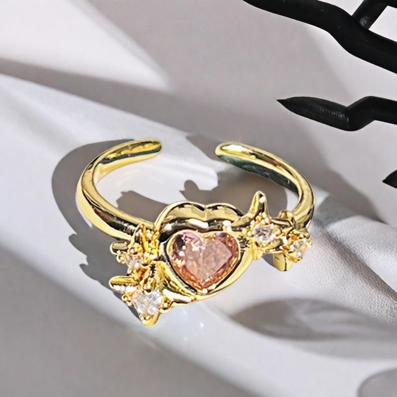 Sweet Girl Heart Pink Love Zircon Crown Open Ring Niche Design Light Luxury High Sense Fashion Ring