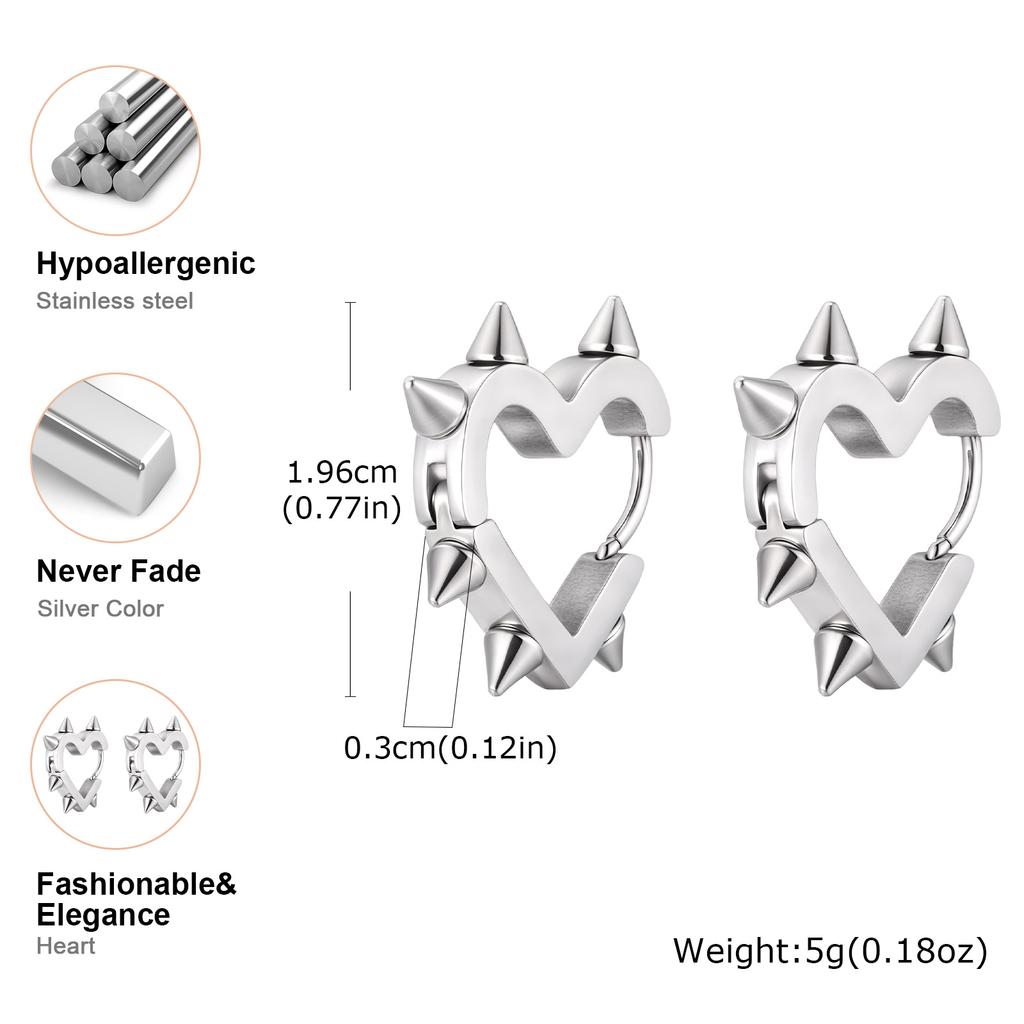 Creative Gothic Punk Rivet Heart Hoop Earrings, Stainless Steel Geometric Piercing Earrings, Unique Cool Jewelry for Party