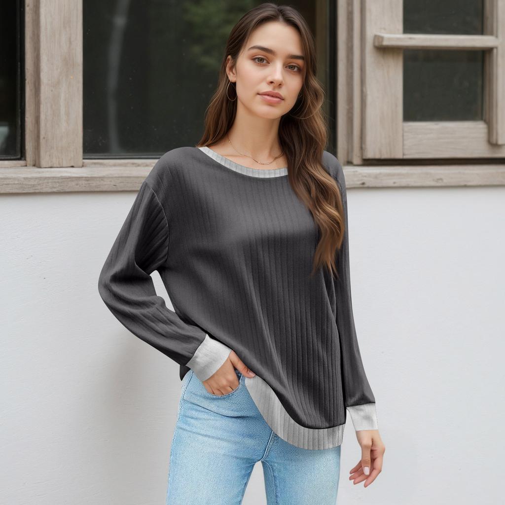 Women's Winter Color-Block Printed Lightweight Brushed-Cotton Round Neck Top