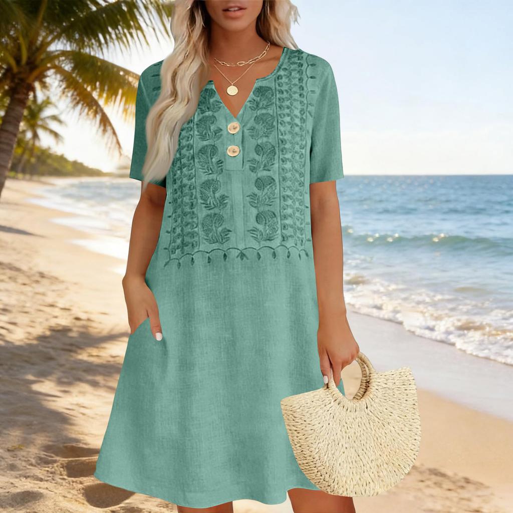 Women Casual Loose Fit Short Sleeve Dress Embroidered Front Button Detail Lightweight Summer Dress with Pockets