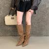 Vintage Black Pointed Folds Spice Girls High Heel Boots Women's Wedge Heel But Knee Straight Boots High Pants Boots