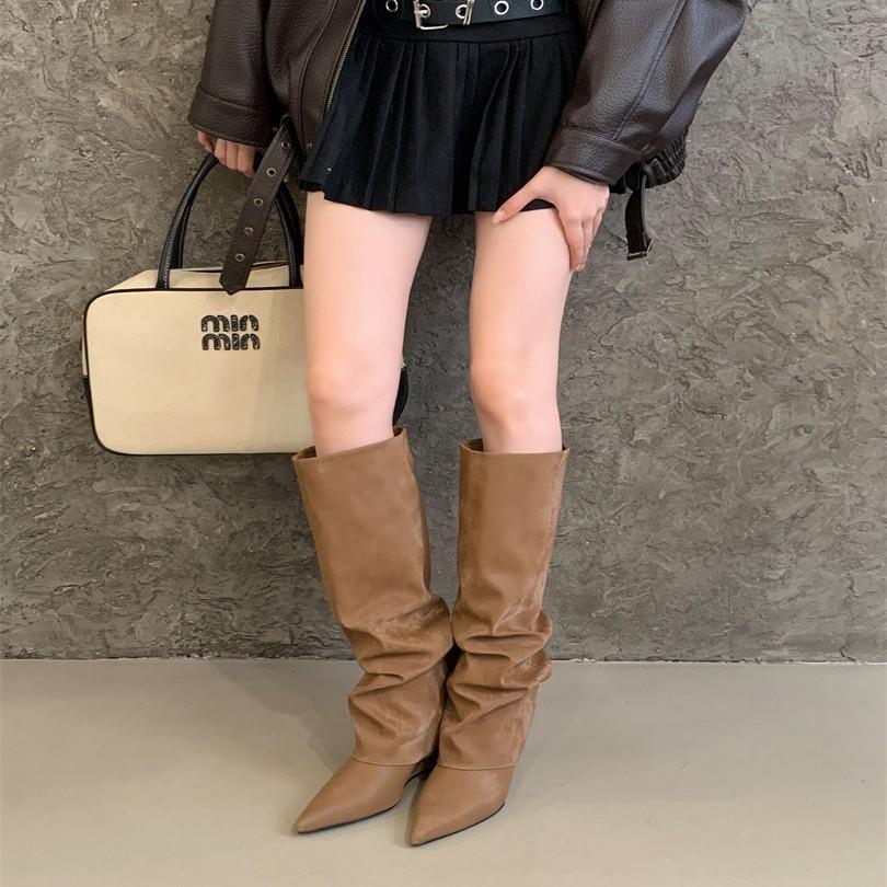 Vintage Black Pointed Folds Spice Girls High Heel Boots Women's Wedge Heel But Knee Straight Boots High Pants Boots