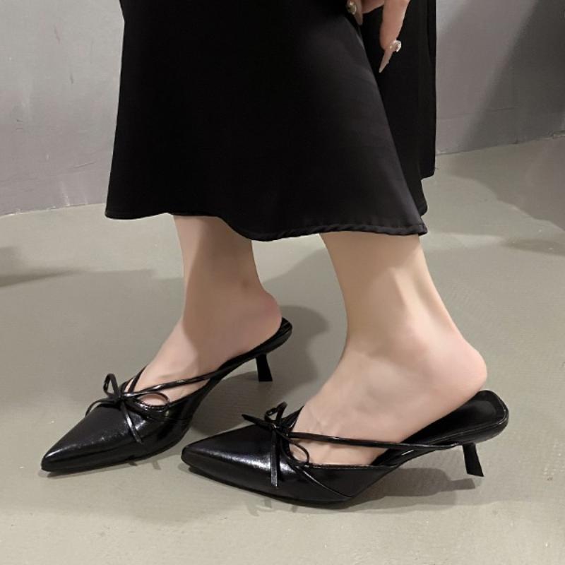 Fashion 2025 New Baotou Stiletto Slippers Summer New Pointed Toe Shallow Mouth Bow Slip Foot Anti-slip Wear-resistant High Heels