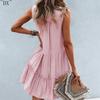 DX~~2023 Summer Europe and America V-neck Sexy Solid Color Dress Irregular Splice Sleeveless Commuter Big Swing Dress Women