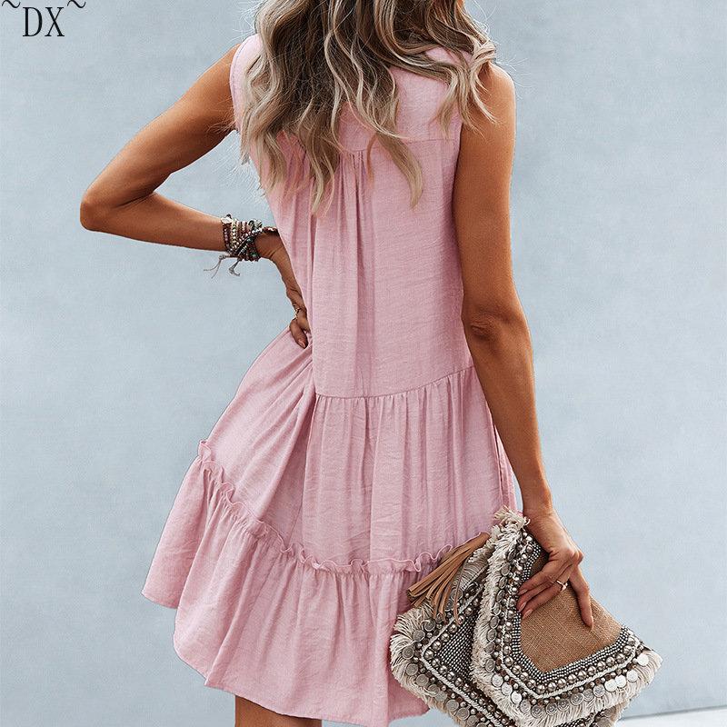 DX~~2023 Summer Europe and America V-neck Sexy Solid Color Dress Irregular Splice Sleeveless Commuter Big Swing Dress Women