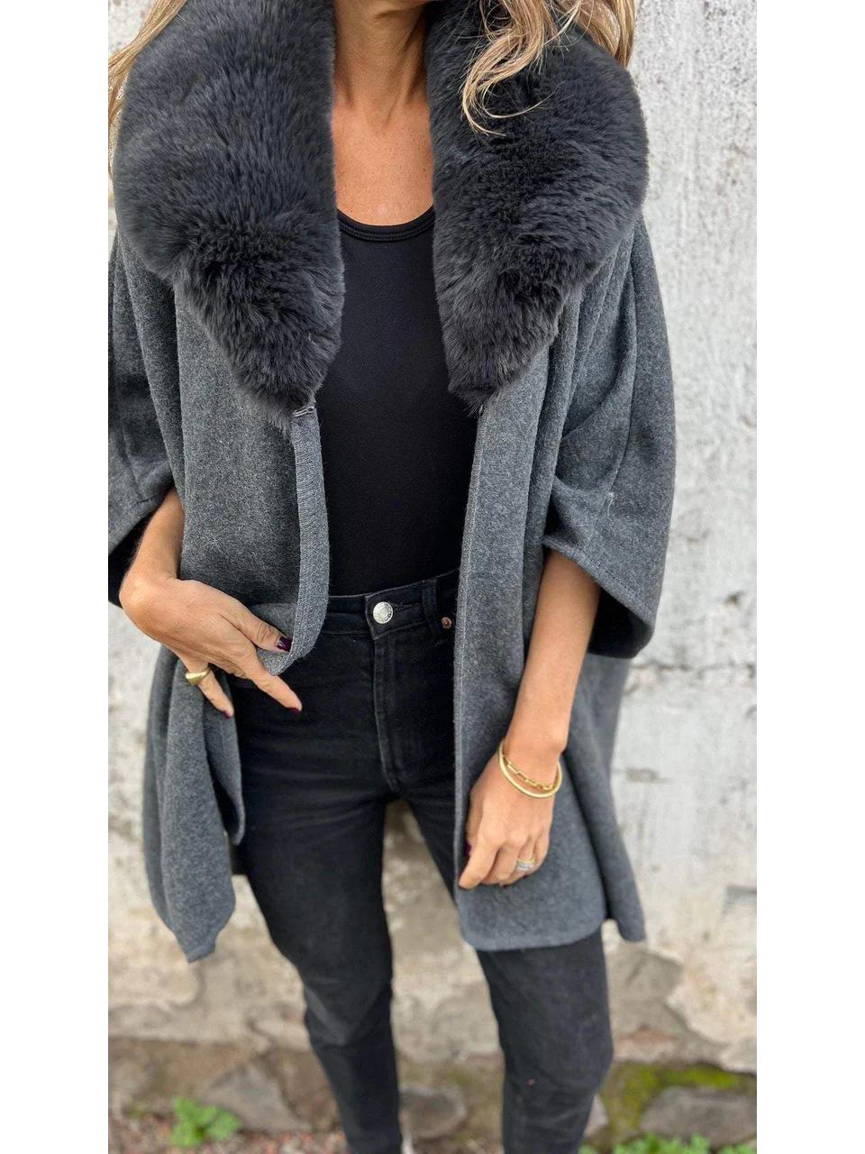 

Европейское и американское женское осенне-зимнее пальто-накидка с длинными рукавами и меховым воротником S