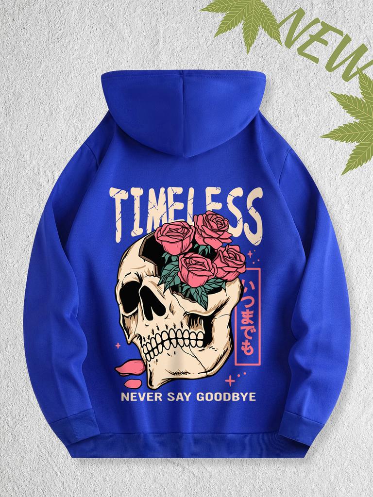 Vintage Skull Rose Graphic Men Hip Hop Sports Hoodie Timeless Slogan Back Print Loose Street Sweatshirt