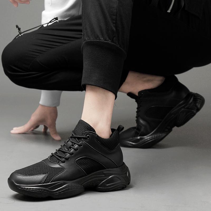 Fashion Men Mesh+Leather Elevator Sneakers 8cm Insole Height Increased Shoes Teenager Unisex Hidden Heels Inner Heightening Lift Sports
