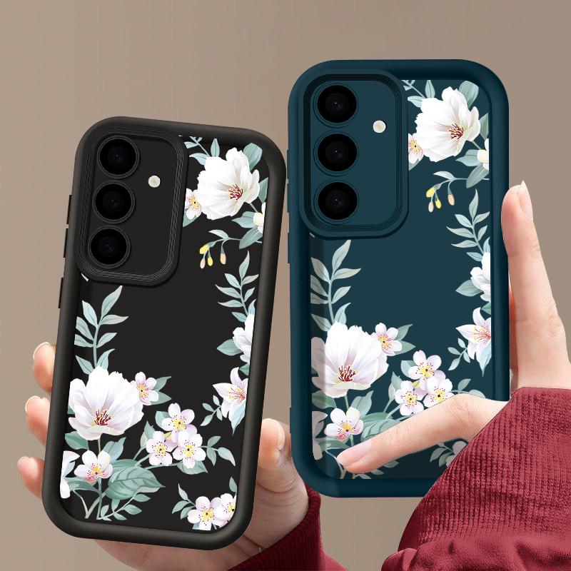 White Flower Pattern Matte TPU Soft Phone Case For Samsung S25 Plus S24 FE S23 Ultra S22 A56 A36 A16 A15 A55 A06 A05 A35 A34 Shockproof Bumper Cover