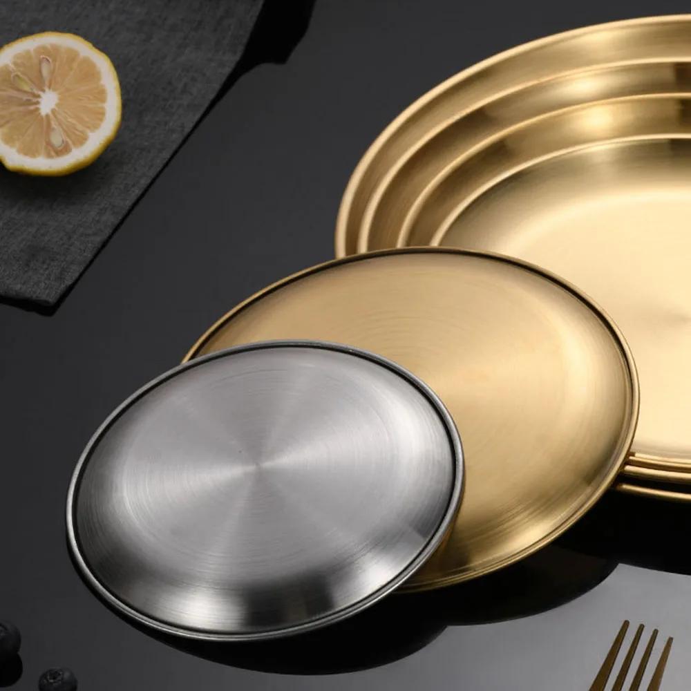 2Pcs Stainless Steel Round Plate Bone Spitting Dish Shallow Tray Metal Camping Plate Dining Disc BBQ Picnic Dishes Cookware