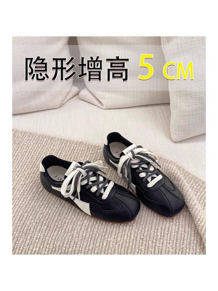 Cowhide Version~ 5cm Small Man Inner Height Increase Black German Training Shoes Women's 2025 New Color Matching Soft Sole Casual White Shoes