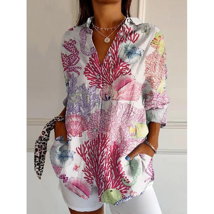 New Women's Long Shirt Summer Trend Long Sleeve Shirt Floral Pattern Printed 3D Shirt