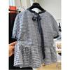Women Plaid Print Puff Sleeve Blouse Round Neck Ruffle Hem Casual Top