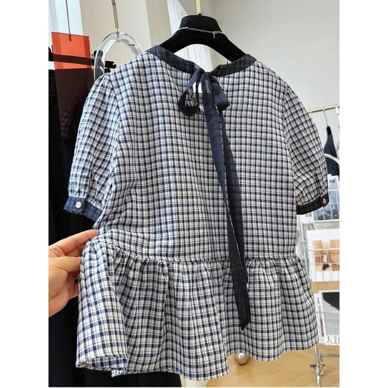 Women Plaid Print Puff Sleeve Blouse Round Neck Ruffle Hem Casual Top