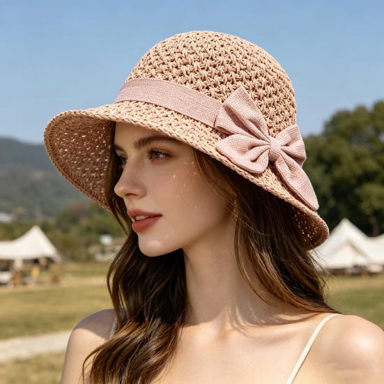 Women Sun Hat, Small Brim Straw Fisherman Hat, with Bow Decor Sun Protection UV Block Hat for Summer Outdoor Travel