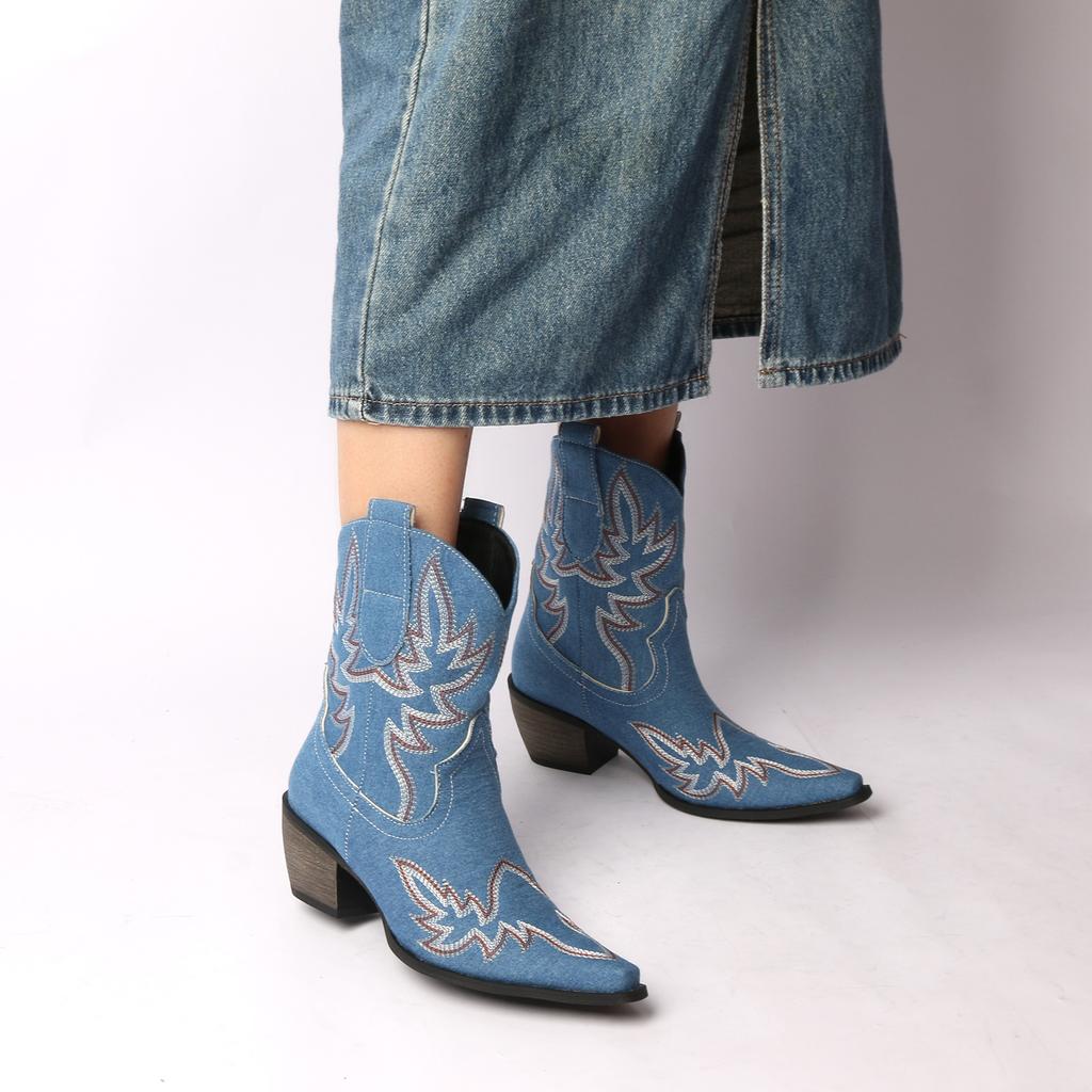 FOREADA Women Ankle Cowboy Boots Pointed Toe Chunky High Heels Embroidery Wester Short Boots Ladies Fashion Shoes Winter Red