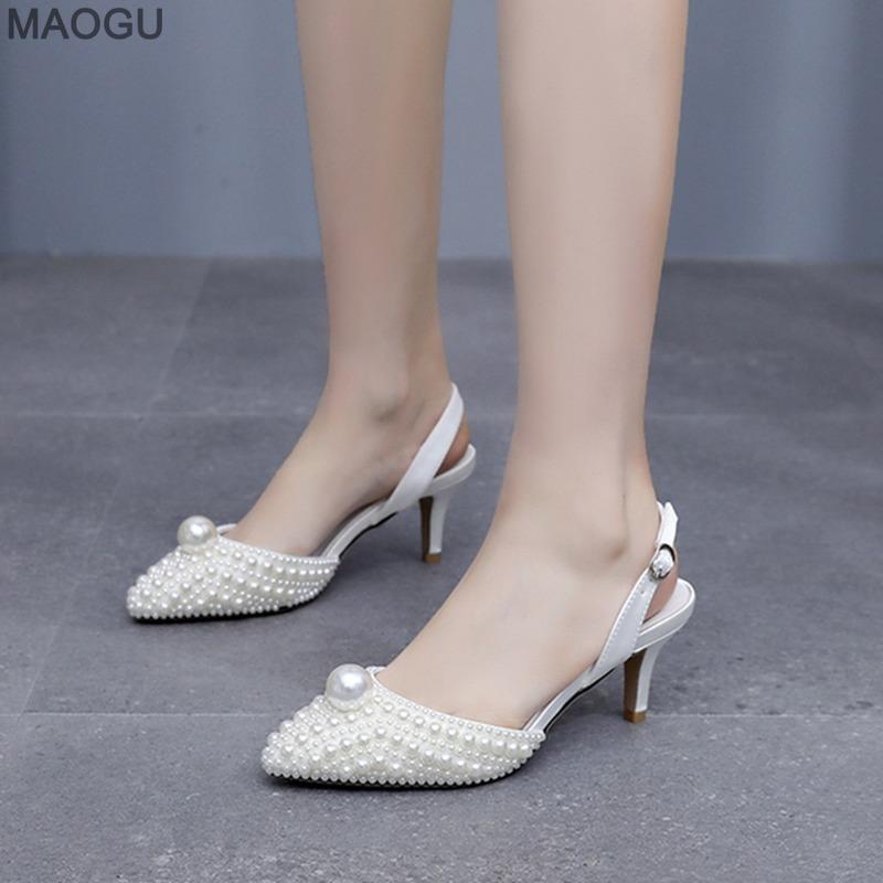 Pointed Toe Pearls Decors Ladies White Wedding Party Dress Shoes Elegant High Heels Bridal Sandals Beige Zapatos De Mujer Size35